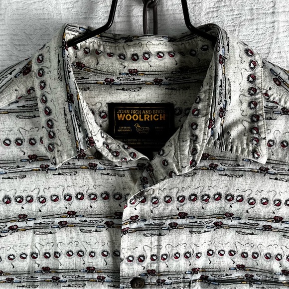 Vintage Woolrich Mens L Rod and Bouy Camp Shirt Fishing All Over Print John Rich - Picture 6 of 16